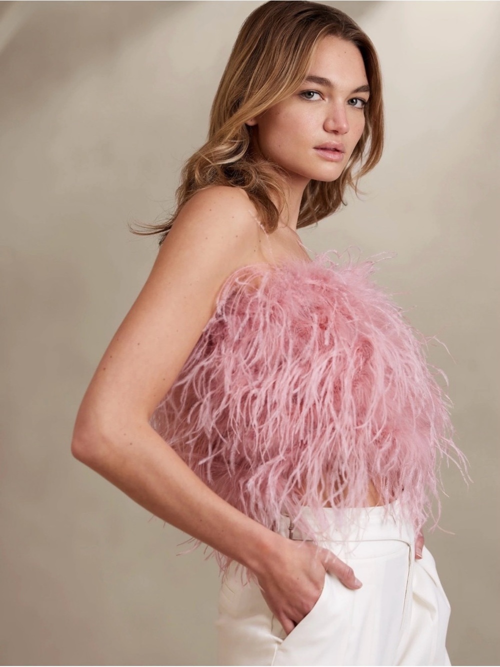 Banana Republic Pink Feathered Strapless Crop Top